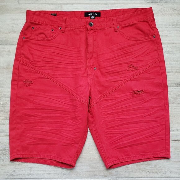 Akoo Men’s No Rivals Distressed Red Denim Shorts 40 - Picture 1 of 6